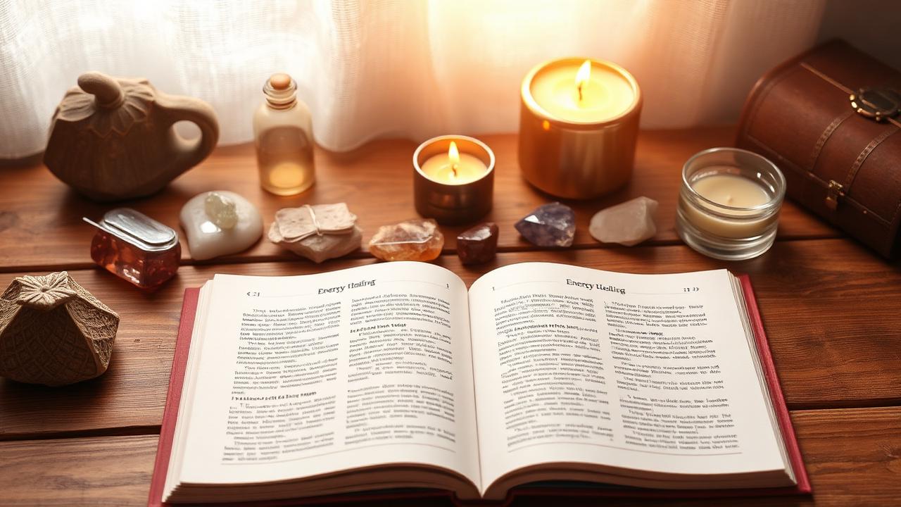 Cartilha aberta sobre cura energética com velas e cristais