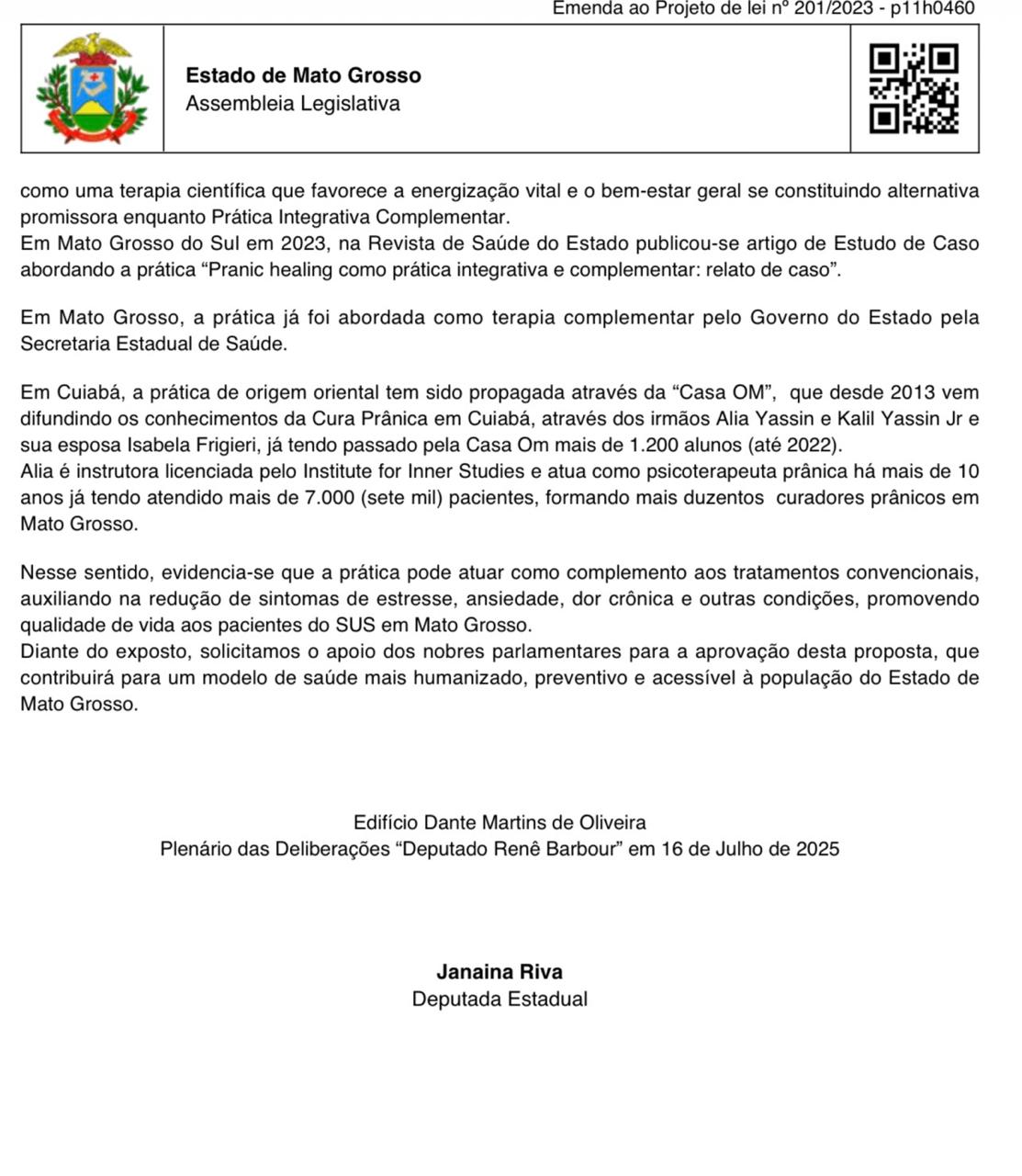 Documento da Assembleia Legislativa de Mato Grosso citando a Casa Om